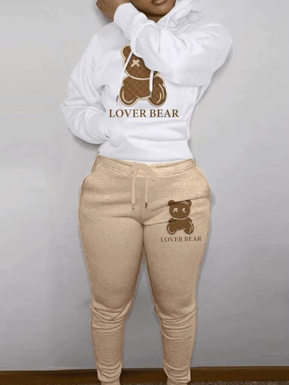 Elegant Bear Letter Print Tracksuit Set with Long Sleeve Hoodie and Drawstring Trousers for Women