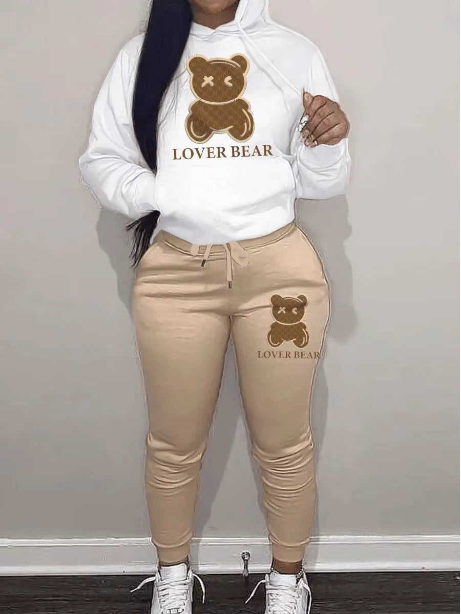 Elegant Bear Letter Print Tracksuit Set with Long Sleeve Hoodie and Drawstring Trousers for Women