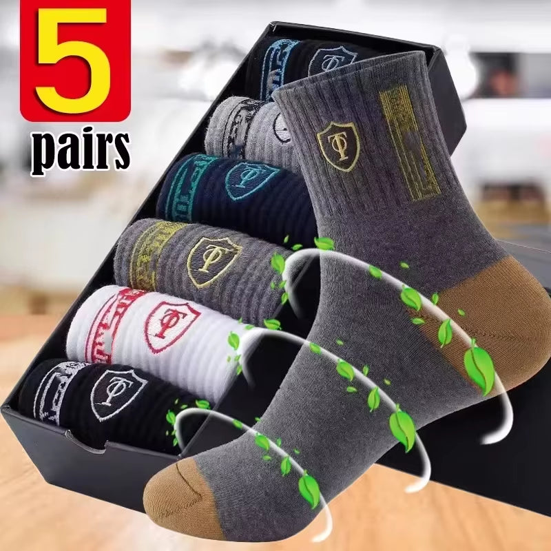 Men's Bamboo Fiber Sports Socks - 5 Pairs of Breathable Cotton Stockings for Autumn and Winter, Sweat-Absorbing and Deodorant Business Socks