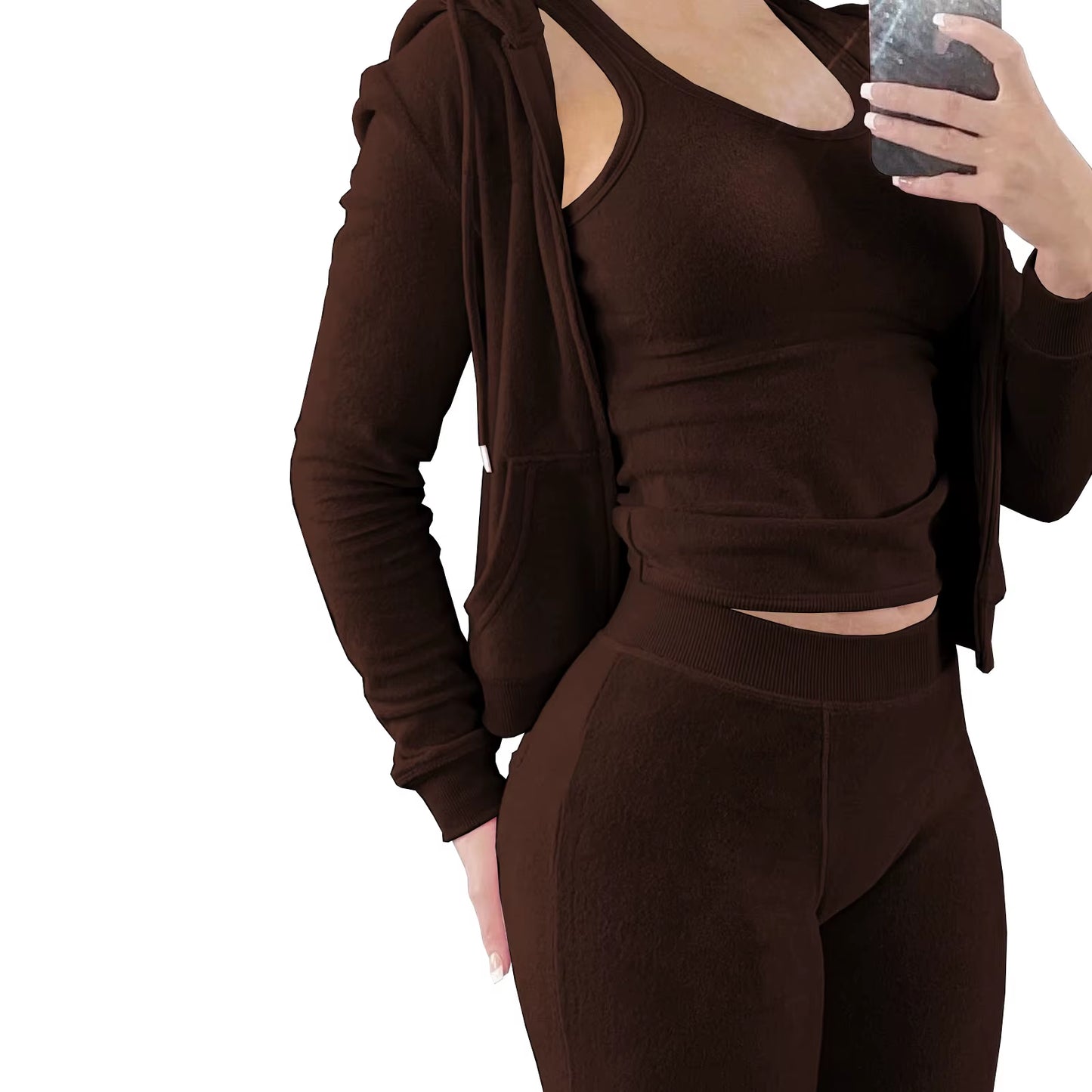 Women's Fuzzy Fleece 3-Piece Tracksuit Set: Zip-Up Hoodie, Sleeveless Tank Top, and Leggings for Casual Lounge Wear