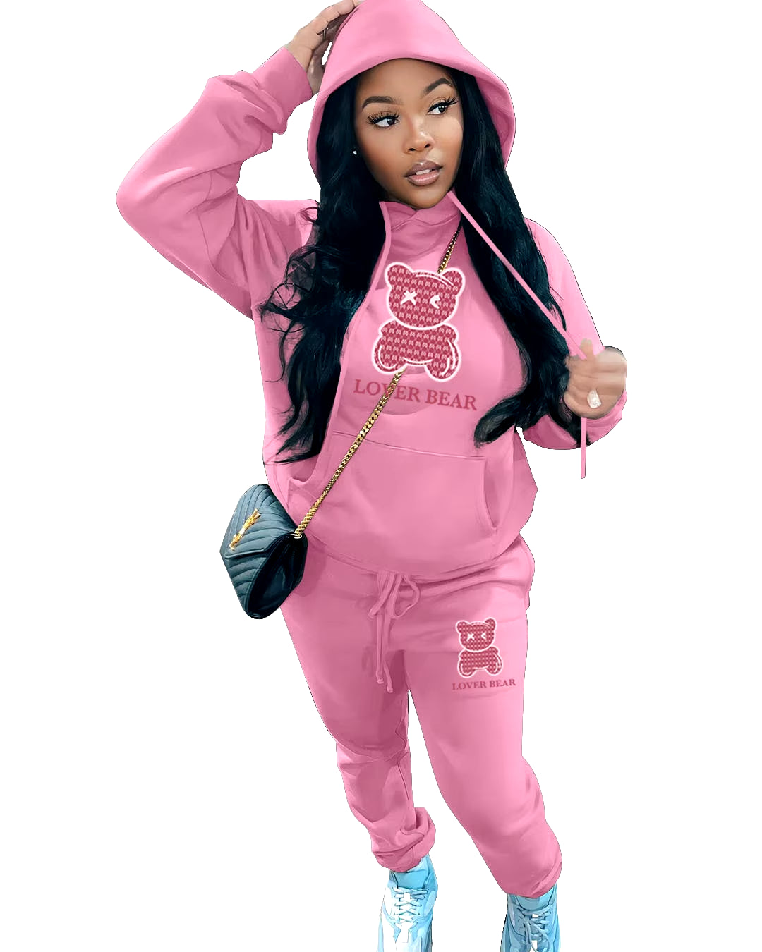 Elegant Bear Letter Print Tracksuit Set with Long Sleeve Hoodie and Drawstring Trousers for Women