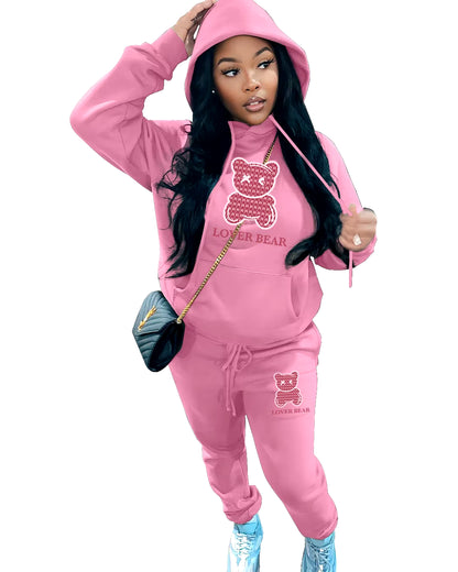 Elegant Bear Letter Print Tracksuit Set with Long Sleeve Hoodie and Drawstring Trousers for Women