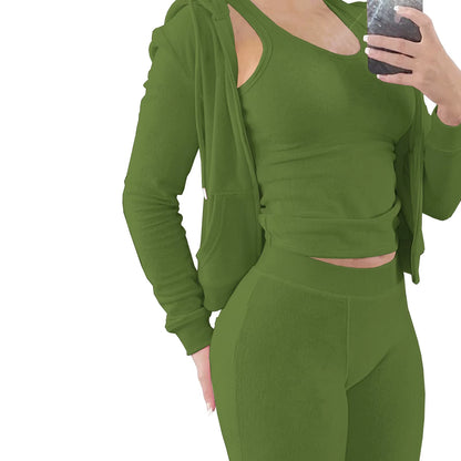 Women's Fuzzy Fleece 3-Piece Tracksuit Set: Zip-Up Hoodie, Sleeveless Tank Top, and Leggings for Casual Lounge Wear