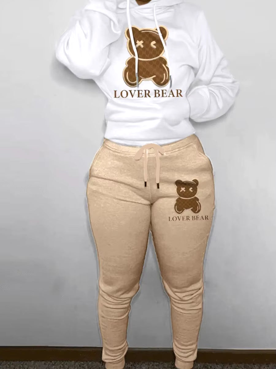 Elegant Bear Letter Print Tracksuit Set with Long Sleeve Hoodie and Drawstring Trousers for Women