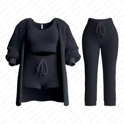 Four-Piece Casual Set: Cropped Tank Tops, High Elastic Drawstring Shorts, Long Sleeve Fleece Knitted Cardigan, and Full Trousers