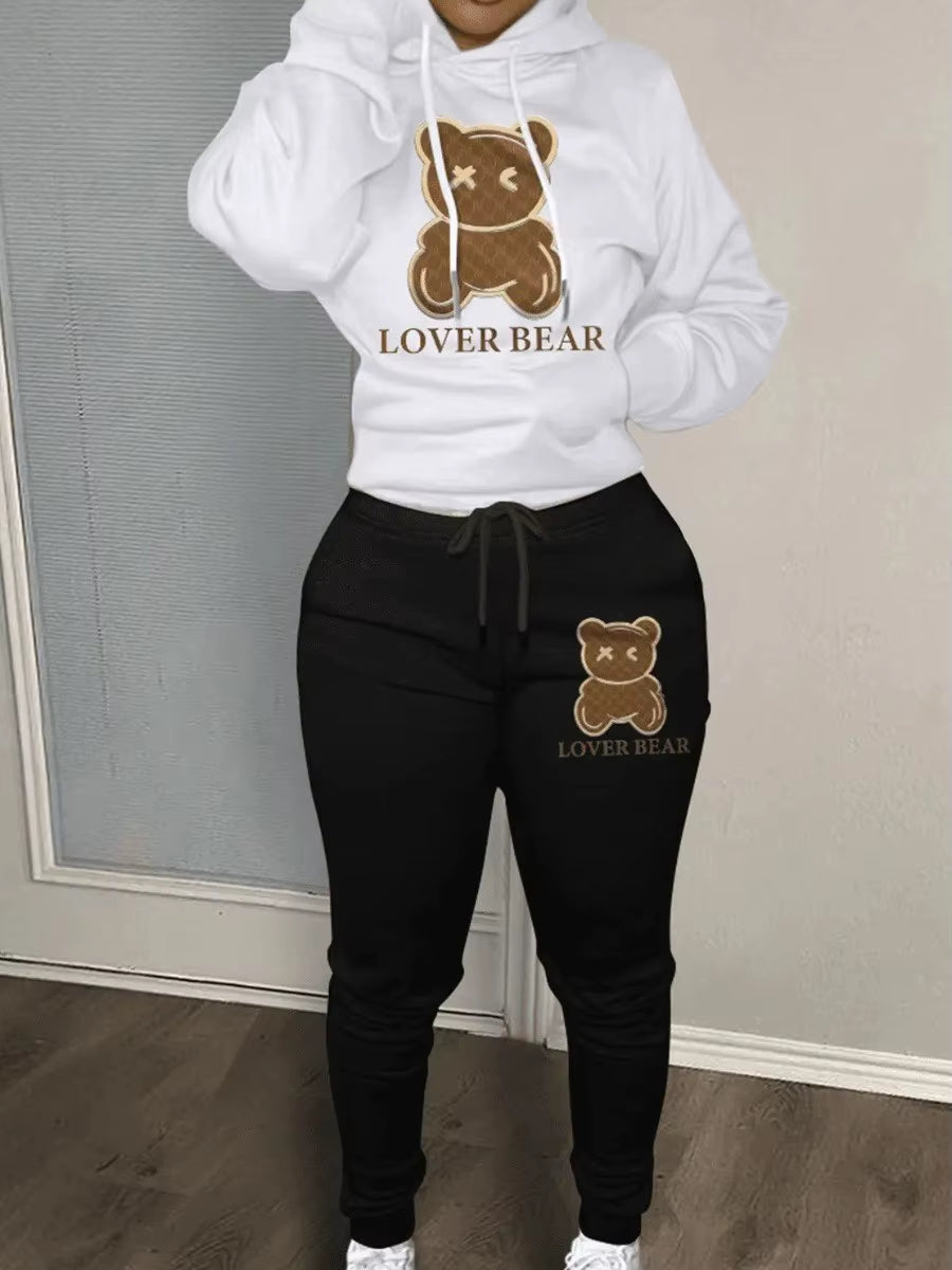 Elegant Bear Letter Print Tracksuit Set with Long Sleeve Hoodie and Drawstring Trousers for Women