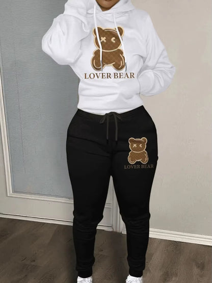 Elegant Bear Letter Print Tracksuit Set with Long Sleeve Hoodie and Drawstring Trousers for Women
