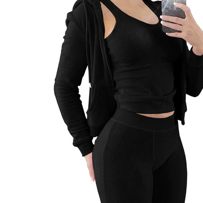 Women's Fuzzy Fleece 3-Piece Tracksuit Set: Zip-Up Hoodie, Sleeveless Tank Top, and Leggings for Casual Lounge Wear