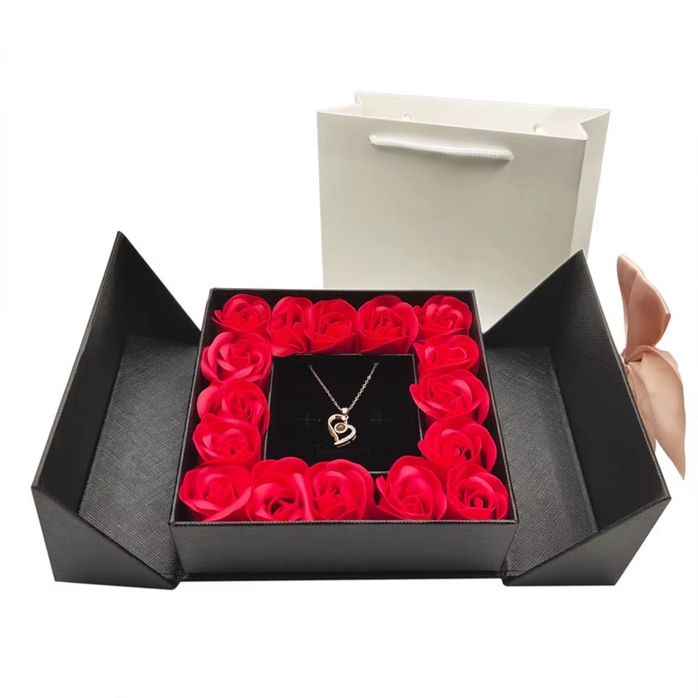 Eternal Roses Gift Box with Heartfelt Necklace - Express Your Love in 100 Languages for Birthdays and Valentine's Day Gifts for Women, Wives, Moms, and Girlfriends
