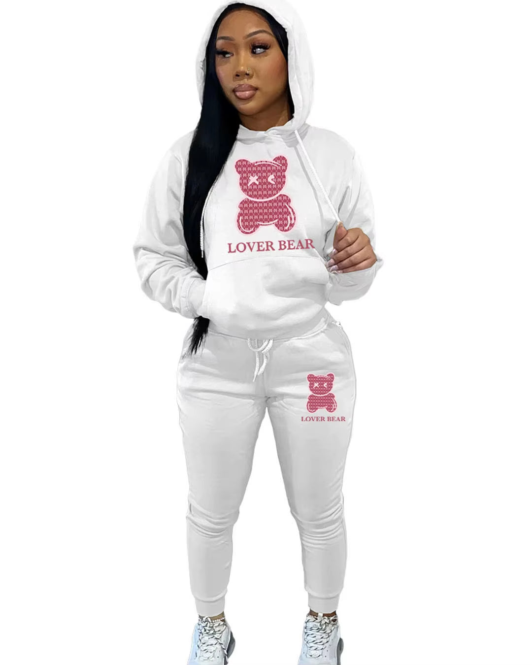 Elegant Bear Letter Print Tracksuit Set with Long Sleeve Hoodie and Drawstring Trousers for Women