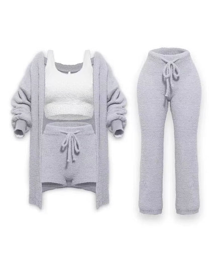 Four-Piece Casual Set: Cropped Tank Tops, High Elastic Drawstring Shorts, Long Sleeve Fleece Knitted Cardigan, and Full Trousers